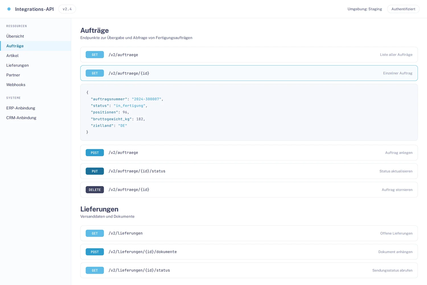 API-Explorer mit Endpunkten für Aufträge und Lieferungen samt JSON-Antwort