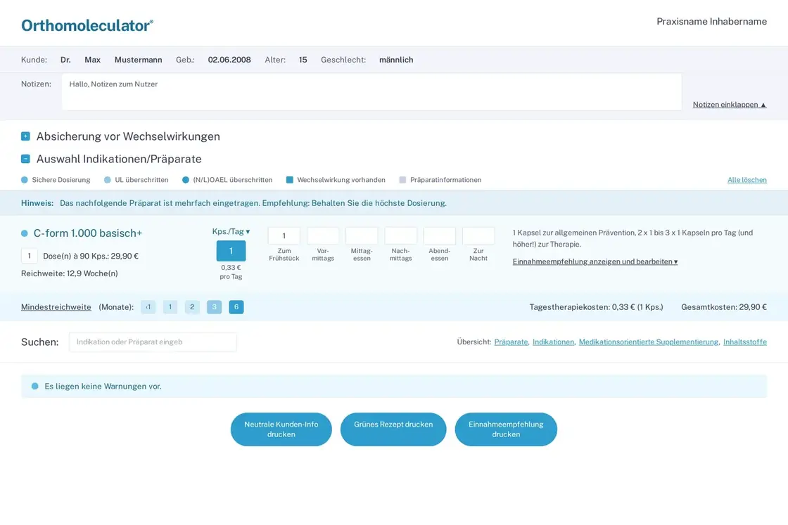 Orthomoleculator: Auswahl von Indikationen und Präparaten mit Dosierung, Wechselwirkungsprüfung und Kostenübersicht